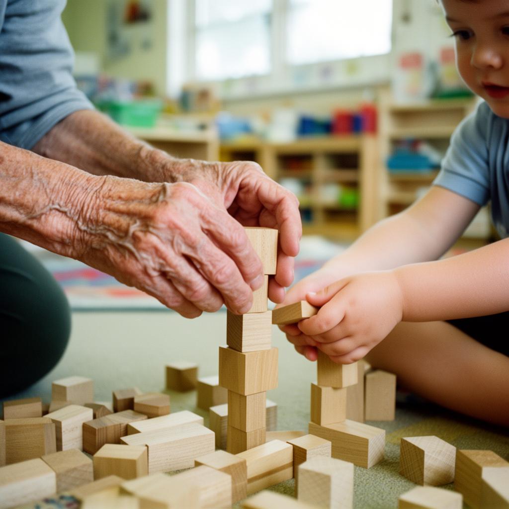 Grand Friend and child building with blocks