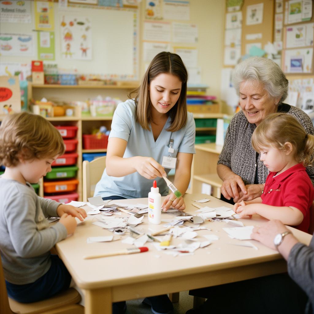 An educator guiding a Grand Friend and children in craft