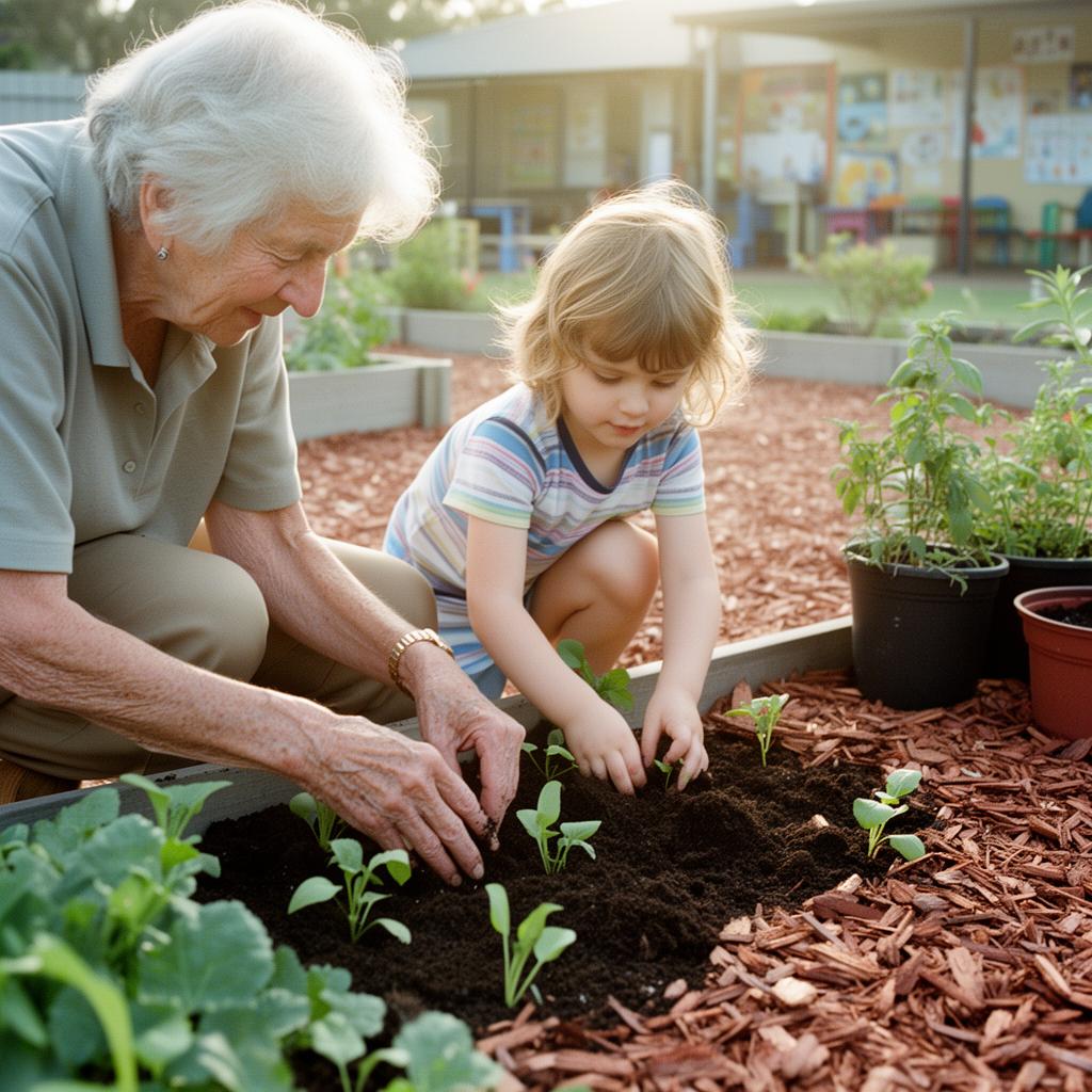Grand Friend and child gardening together
