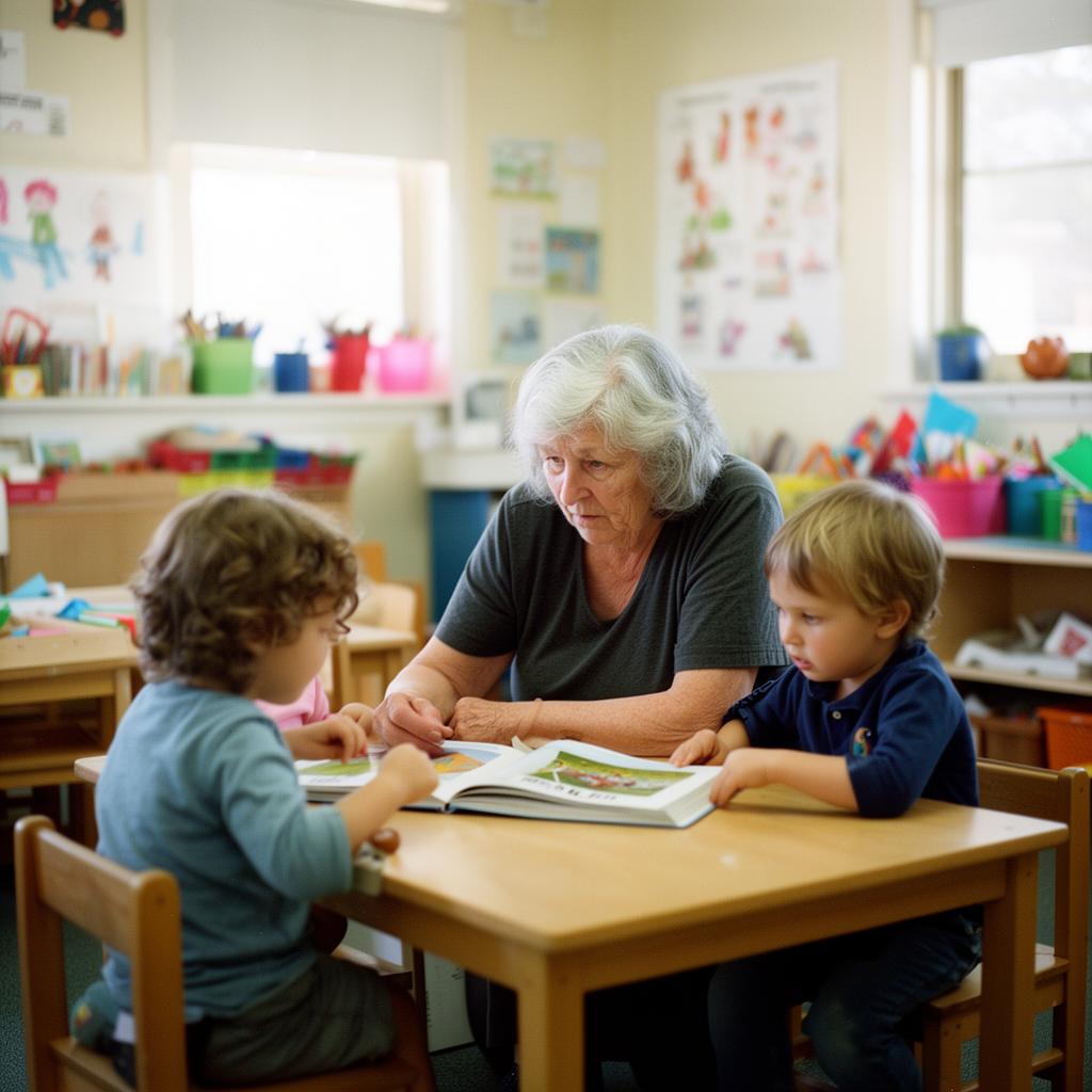 A Grand Friend reading a book with preschool children