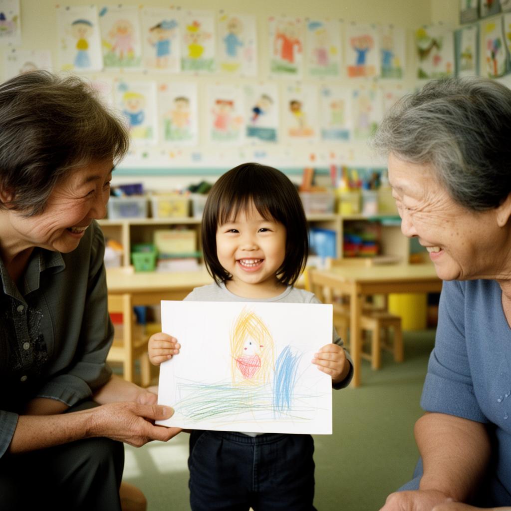 Child showing a drawing to a Grand Friend